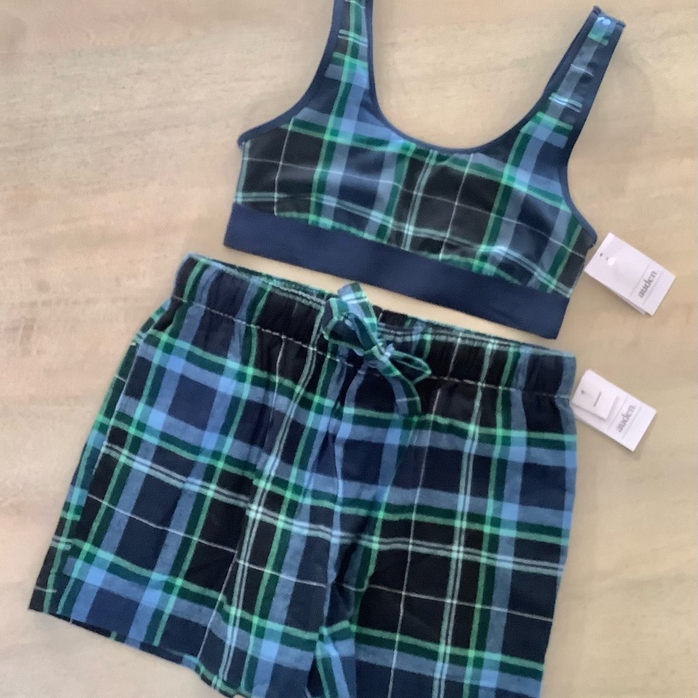 2Pc Auden Blue Plaid Shorts + Bralette Set